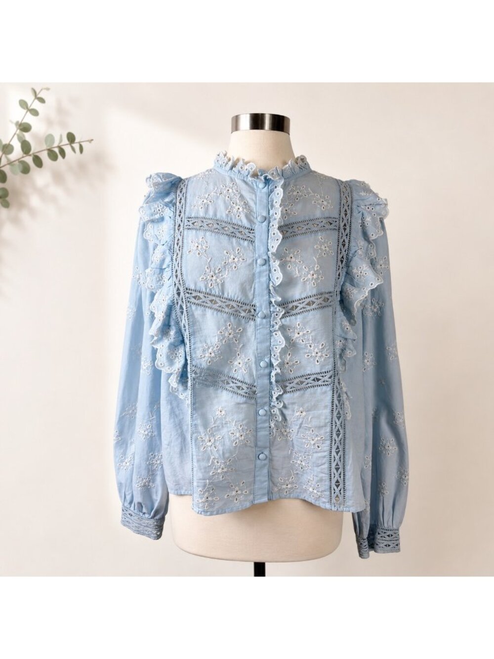 Sézane Irma Shirt Light Blue Ecru Embroidered Ruffle Blouse Size FR 46/ US 14 - Picture 2 of 16